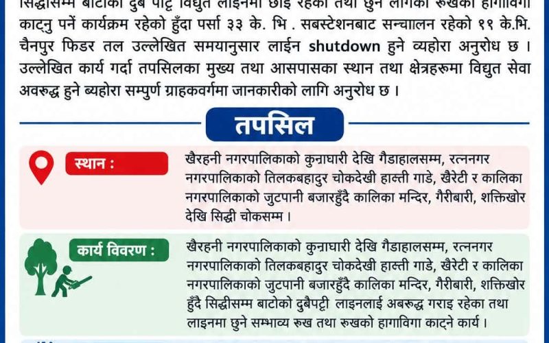 पुर्विचितवनका केही क्षेत्रमा मंगलबार विद्युत सेवा अवरुद्ध हुने: रुखका हाँगा काट्न लाइन ‘सटडाउन’ गरिंदै