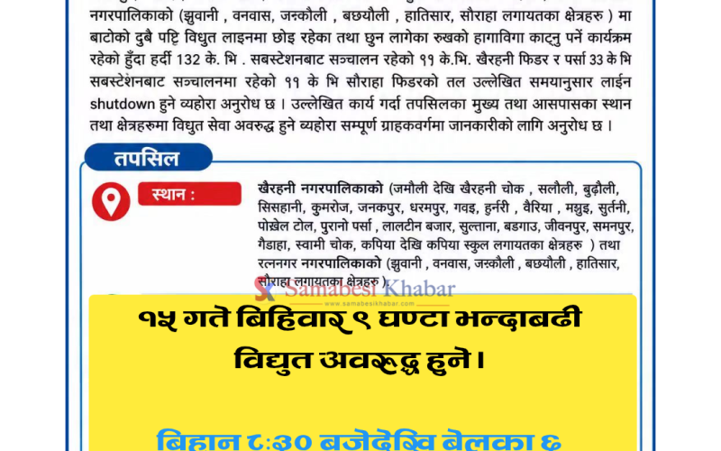 पुर्विचितवनको केही क्षेत्रमा विहिवार ९ घण्टा भन्दाबढी विद्युत अवरुद्ध हुने