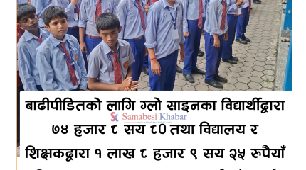 बाढिपिडितको लागि ग्लो साईनका विद्यार्थी तथा शिक्षकद्वारा १ लाख ८३ हजार सहयोग